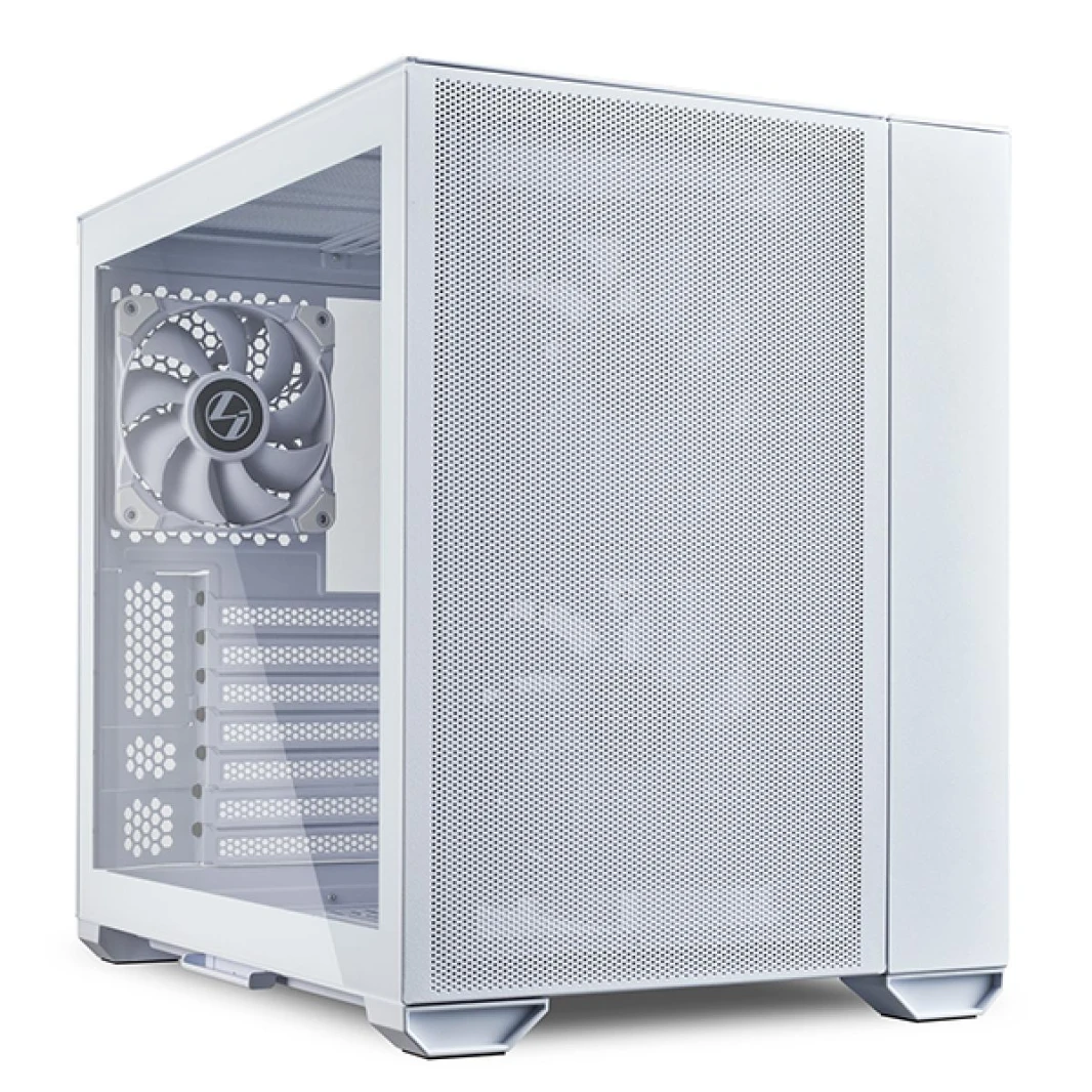ليان لي O11 AIR MINI (أبيض) حقيبة ألعاب زجاجية صغيرة مع 3 مراوح مثبتة وشبكة فائقة الدقة أمامية وجانبية
