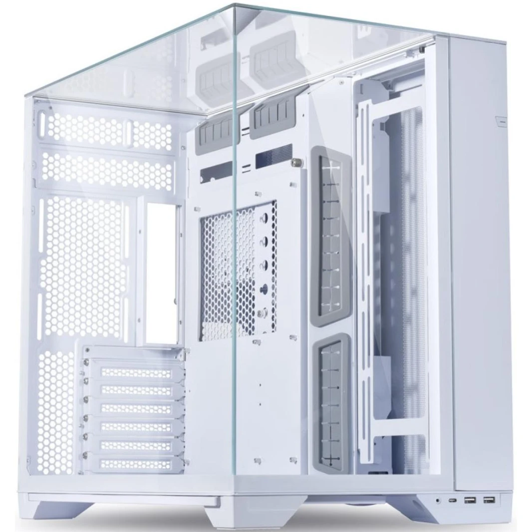 Lian Li O11 VISION (أبيض) حافظة ألعاب من الزجاج المقوى ATX Mid Tower 3 جوانب رائعة وواضحة، تصميم بدون أعمدة، غرفة مزدوجة، أوضاع مروحة خلفية مزدوجة (عالية أو منخفضة)، لوحة أم قابلة للتعديل، صينية تثبيت