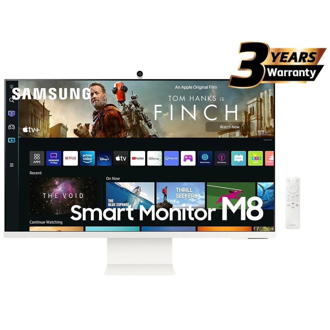 Samsung M8 (CM801) Smart 32 بوصة 4K UHD، شاشة Tizen™ OS المسطحة للأعمال، VA، 60 هرتز، 4 مللي ثانية (GTG)، HDR10+، 99% sRGB، USB Type-C مع كاميرا ويب، ميكروفون، مكبرات صوت، جهاز تحكم عن بعد وحامل مريح 