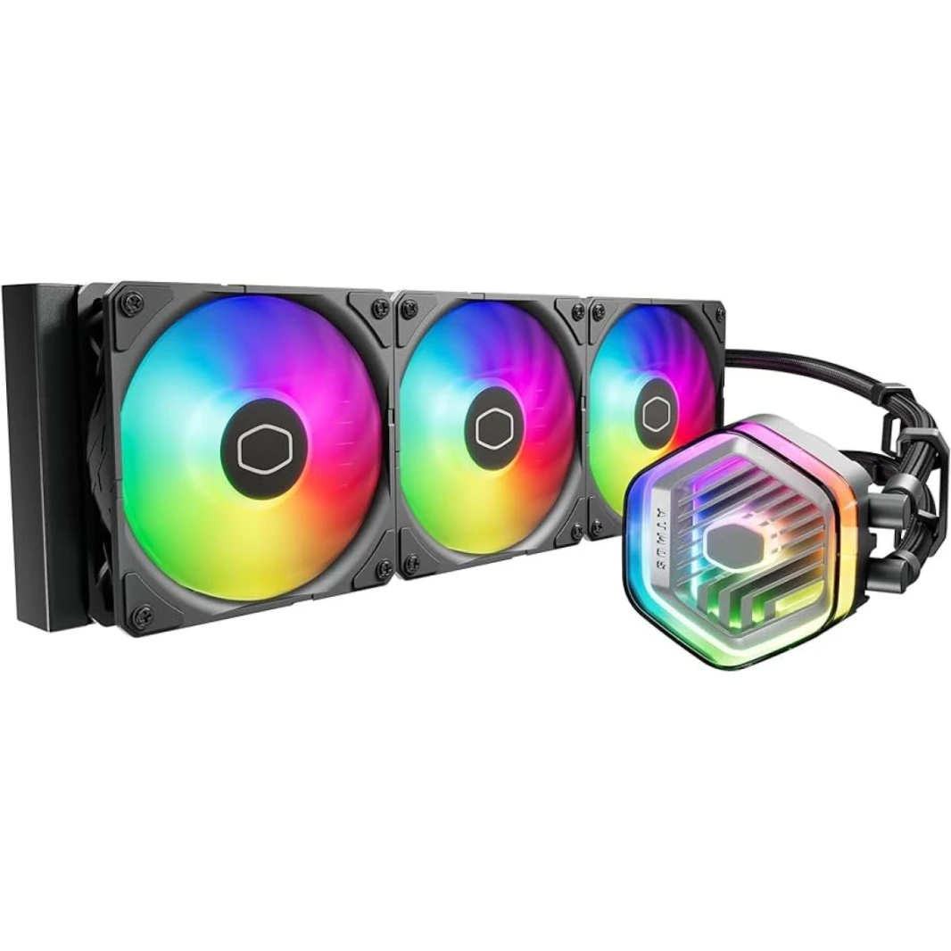 Cooler Master MASTERLIQUID 360 ATMOS (Black) ARGB High- Preformance AIO CPU Liquid Cooler, Next Gen Dual Chamber Pump Design, Customizable 3D-Printed Creations Capability, Pre-Installed Sickleflow Edg