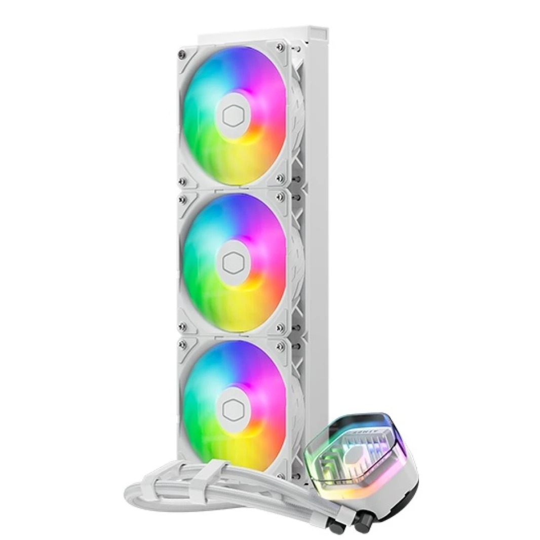 Cooler Master MASTERLIQUID 360 ATMOS (أبيض) ARGB مبرد سائل لوحدة المعالجة المركزية AIO عالي الأداء، تصميم مضخة مزدوجة الغرفة من الجيل التالي، قدرة إبداعية مطبوعة ثلاثية الأبعاد قابلة للتخصيص، حافة Sic