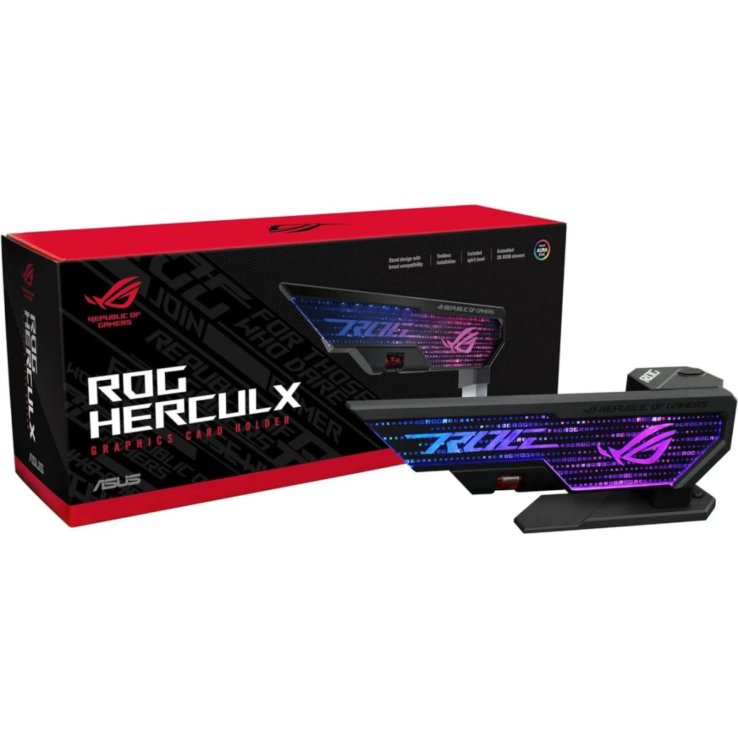 دعامة حامل مضادة للترهل لبطاقة الرسومات ASUS ROG Herculx (بنية صلبة من سبائك الزنك، تركيب سهل بدون أدوات، مستوى روحي متضمن، ارتفاع قابل للتعديل، توافق واسع، Aura Sync RGB
