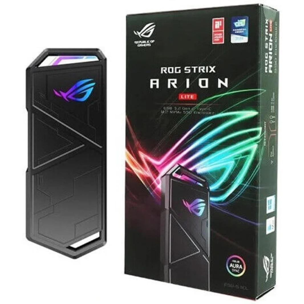 Asus ROG Strix Arion Lite M.2 NVMe SSD RGB Enclosure USB3.2 Gen 2 Type-C (10 Gbps), USB-C to C Cable + USB-C to A Cable , Thermal Pads Included