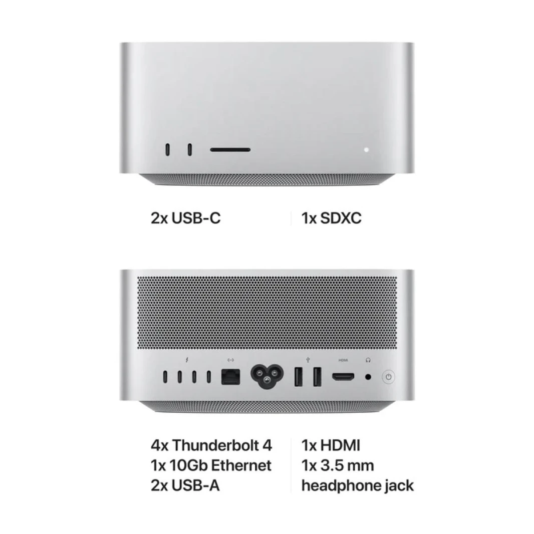 شريحة Apple Mac Studio Apple M2 Ultra مع وحدة معالجة مركزية 24 نواة ووحدة معالجة رسومات 60 نواة وذاكرة وصول عشوائي 64 جيجابايت ومحرك أقراص SSD سعة 1 تيرابايت (فضي)