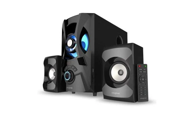 Creative SBS E2900 2.1 (بلوتوث 5.0، راديو FM، بطاقة SD وفلاش USB مع مشغل MP3 مدمج عبر التوصيل والتشغيل، منفذ AUX-in 3.5 ملم) مكبرات صوت سطح المكتب مع جهاز تحكم عن بعد لأجهزة الكمبيوتر الشخصية وأجهزة ا