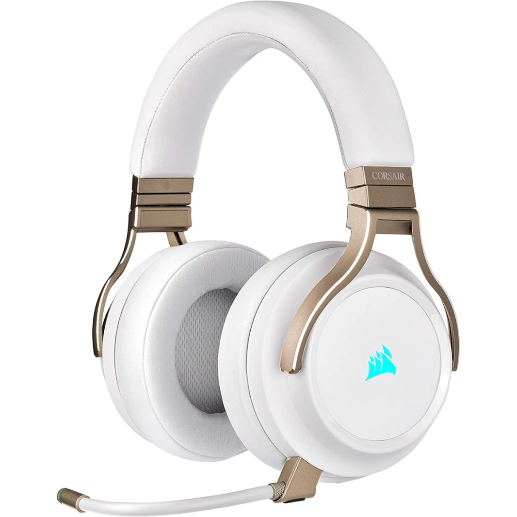 سماعة الألعاب Corsair Virtuoso RGB Wireless 2.4 جيجا هرتز (Hi-Fi) 7.1 محيطية، بطارية تصل إلى 20 ساعة مع ميكروفون متعدد الاتجاهات بخاصية إلغاء الضوضاء لؤلؤي