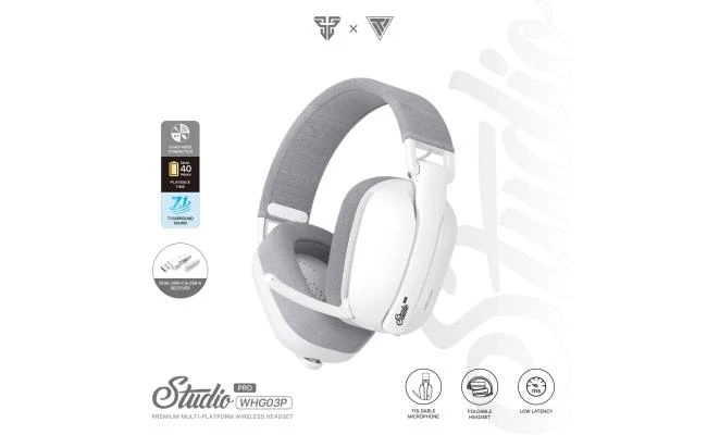 Fantech Studio Pro WHG03 7.1 صوت محيطي (أبيض) سماعة ألعاب لاسلكية وسلكية اتصال رباعي الوضع (BT، زمن استجابة منخفض 2.4 جيجا هرتز، 3.5 ملم، USB 7.1) بطارية تصل إلى 40 ساعة لأجهزة الكمبيوتر الشخصية، MacO