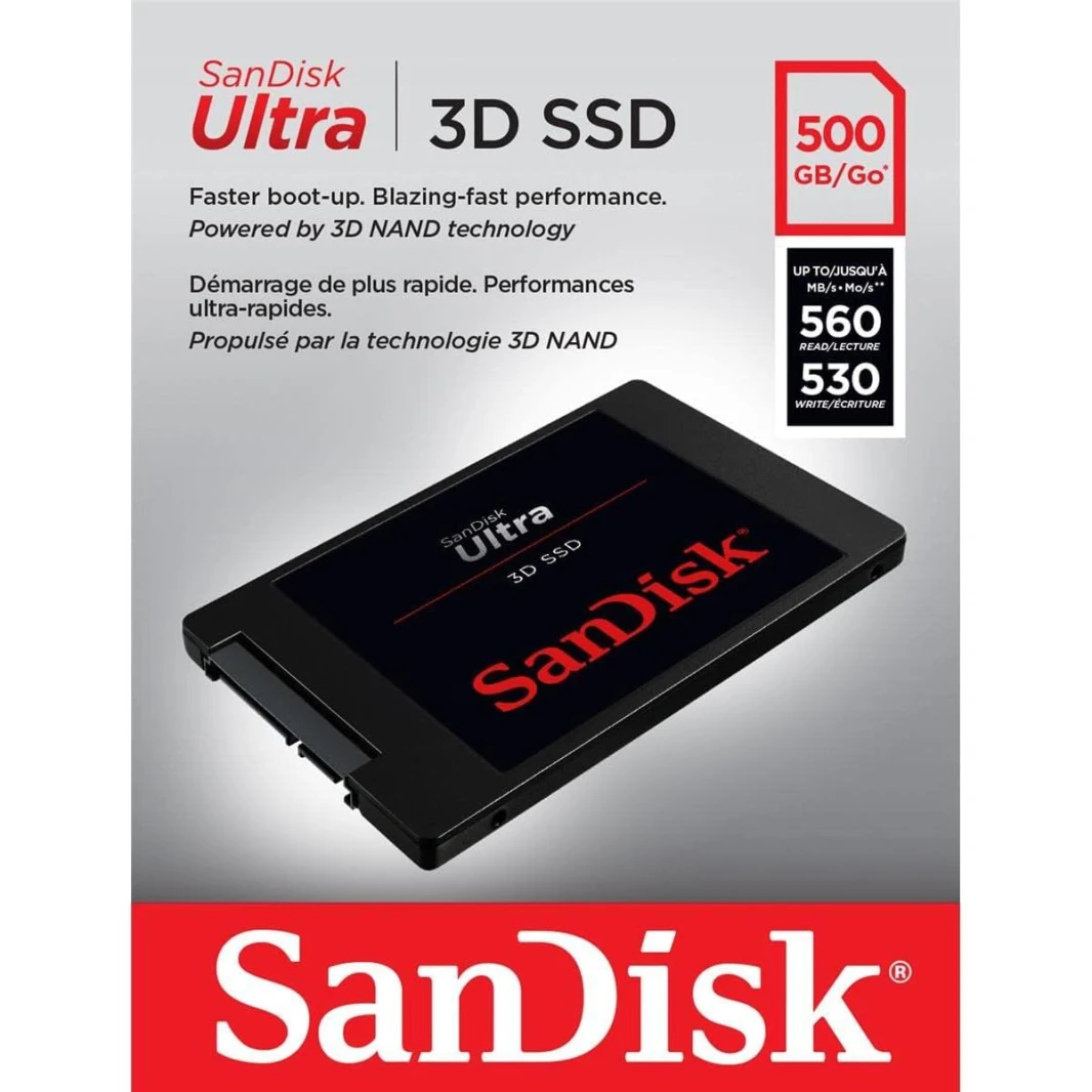 SanDisk Ultra 3D NAND 500GB 2.5 SSD مع تقنيات 3D NAND & nCache 2.0 القوية، قراءة/كتابة حتى 560/530 ميجابايت/ثانية