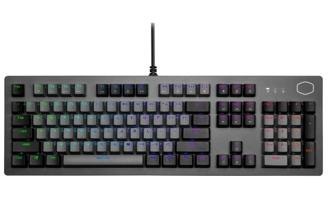لوحة مفاتيح ميكانيكية للألعاب من كولر ماستر CK352، مفتاح أزرق مع إضاءة خلفية RGB وأشرطة إضاءة جانبية، غطاء مفاتيح مزدوج اللون (أسود ورمادي) (عربي)