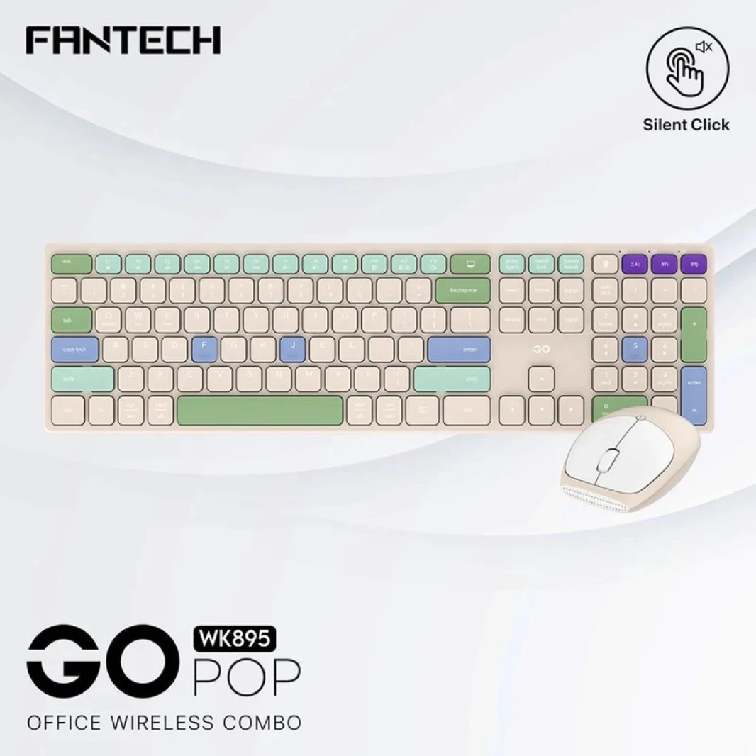 Fantech GO POP WK895 Kit Office Combo 2in1 وضع مزدوج لاسلكي (2.4 جيجا هرتز وBT)، ومفاتيح صامتة ومفاتيح وظائف الوسائط المتعددة (بيج) لجهاز Mac & Win