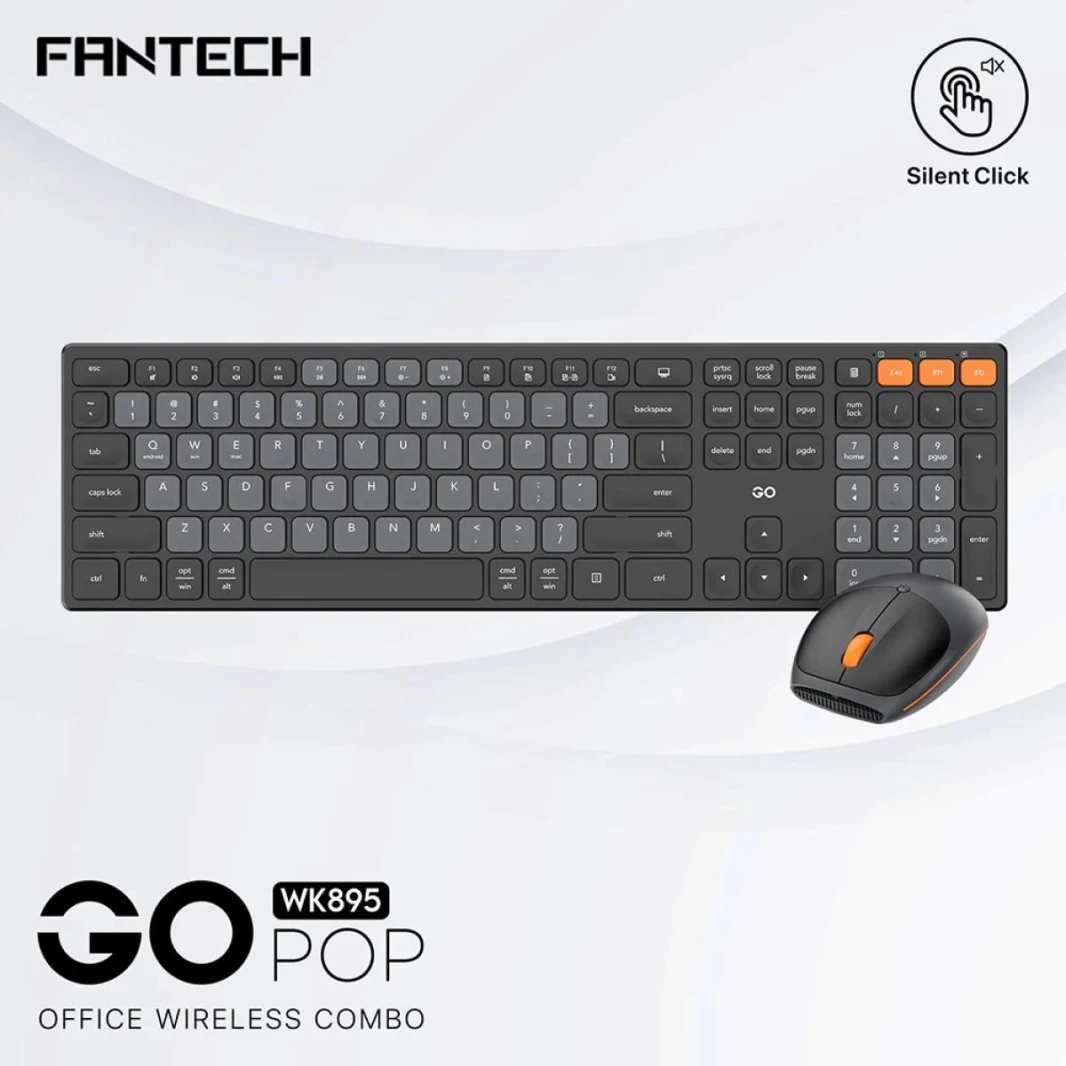 مجموعة Fantech GO POP WK895 Office Combo 2in1 وضع مزدوج لاسلكي (2.4 جيجا هرتز وBT)، ومفاتيح صامتة ومفاتيح وظائف الوسائط المتعددة (أسود) لجهاز Mac & Win