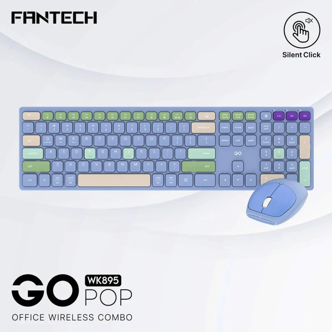 Fantech GO POP WK895 Kit Office Combo 2in1 وضع مزدوج لاسلكي (2.4 جيجا هرتز وBT)، ومفاتيح صامتة ومفاتيح وظائف الوسائط المتعددة (أزرق) لجهاز Mac & Win