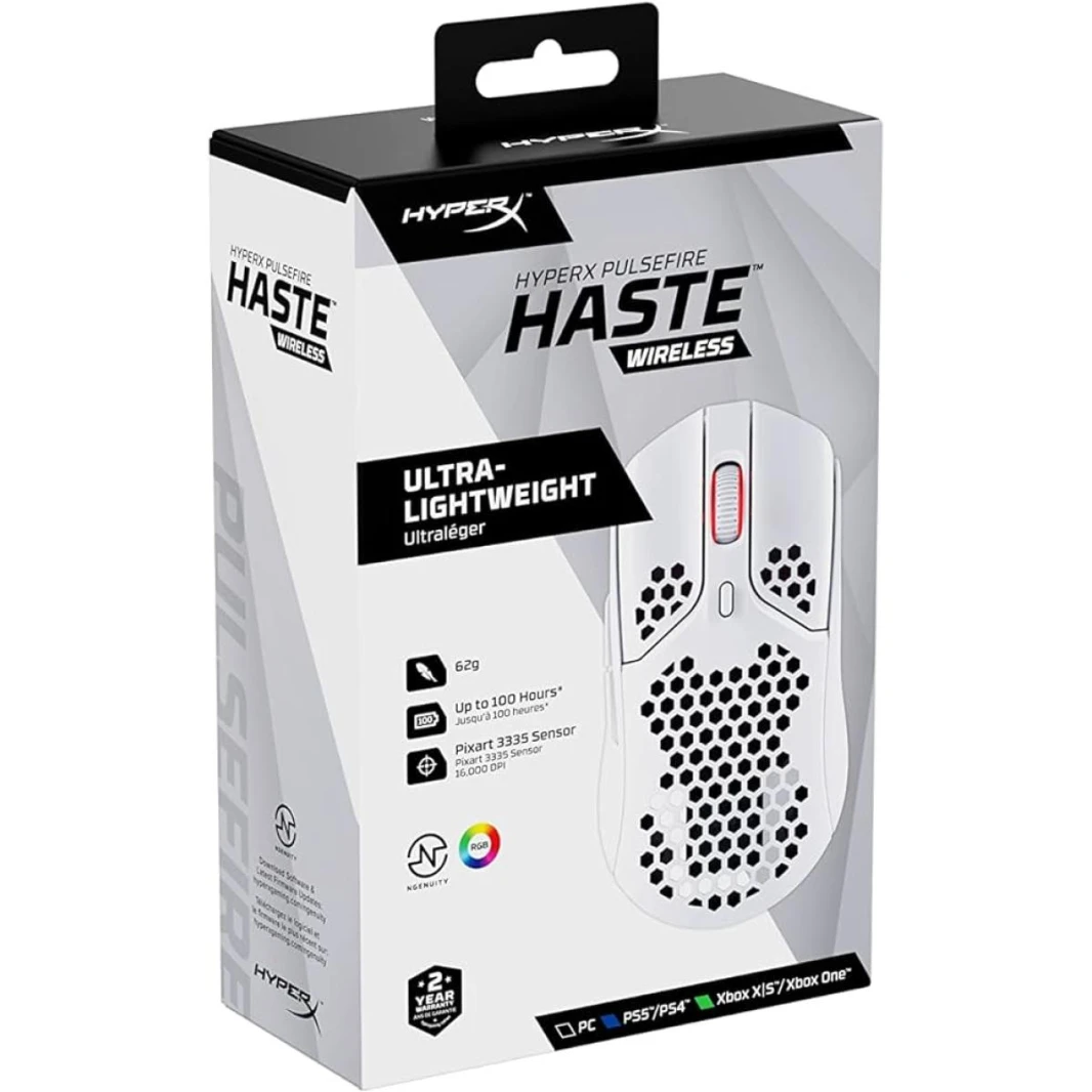 HyperX Pulsefire Haste Wireless Gaming Ultra Lightweight 61g 100 Hour Battery Life, 2.4Ghz Wireless Up to 16,000 DPI Anti-Dust & Water-Resistant Mouse– White