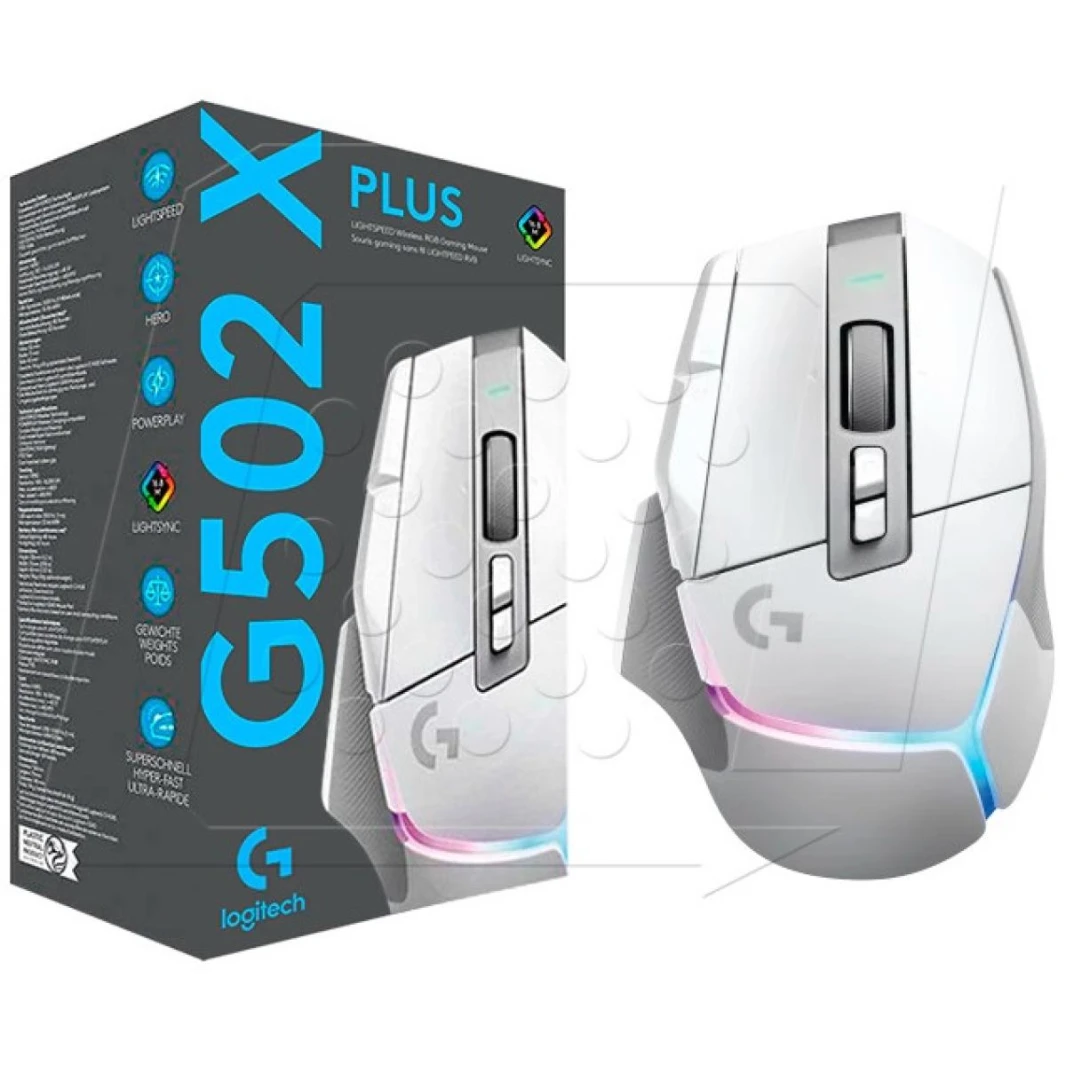 Logitech G502 X Plus Lightspeed Wireless، مفاتيح بصرية ميكانيكية هجينة مع مستشعر Hero 25K، Lightsync RGB، شحن USB-C، 13 وحدة تحكم قابلة للبرمجة - ماوس ألعاب عالي الأداء (أبيض)