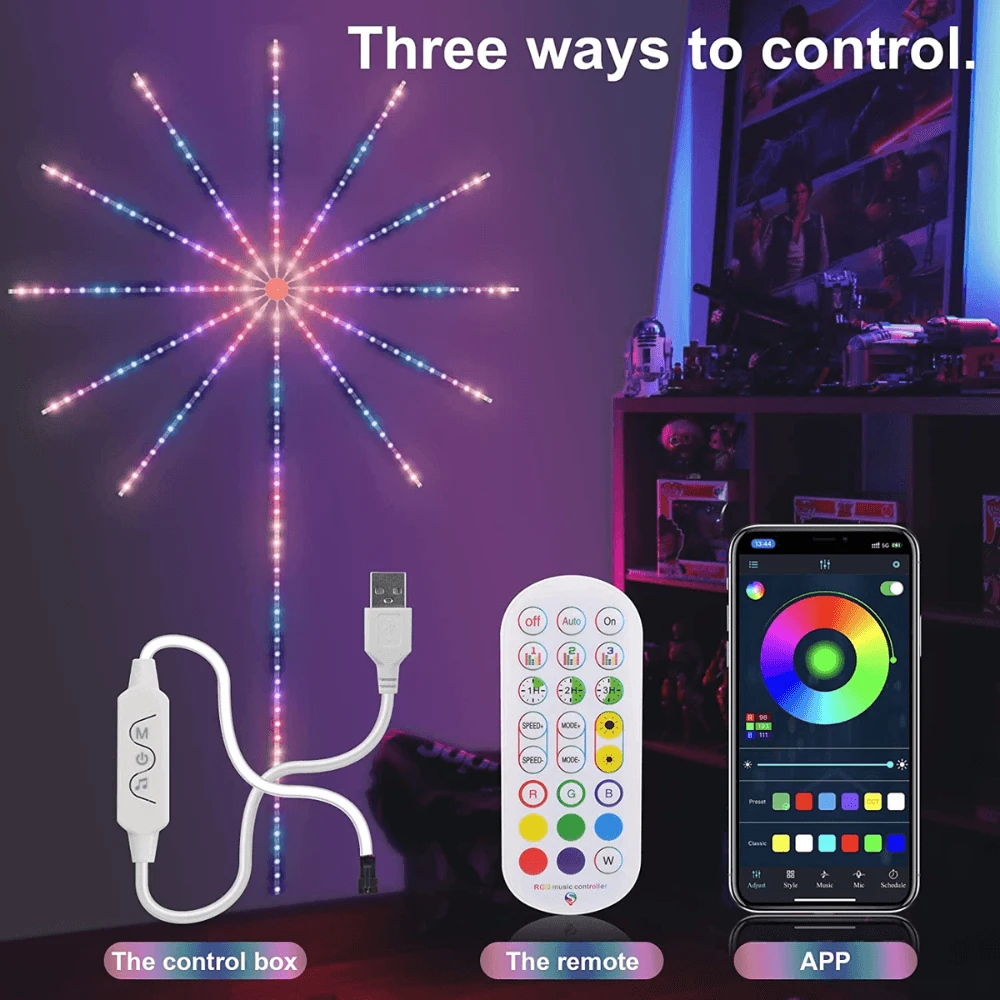 وحدة إضاءة على شكل ألعاب نارية LED مع موسيقى عبر البلوتوث وتحكم بواسطة  الريموت كونترول