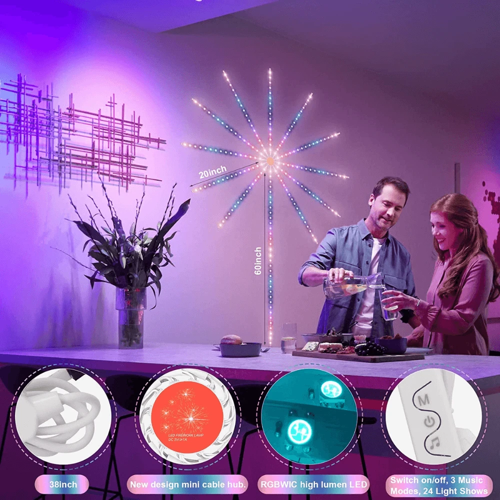 وحدة إضاءة على شكل ألعاب نارية LED مع موسيقى عبر البلوتوث وتحكم بواسطة  الريموت كونترول