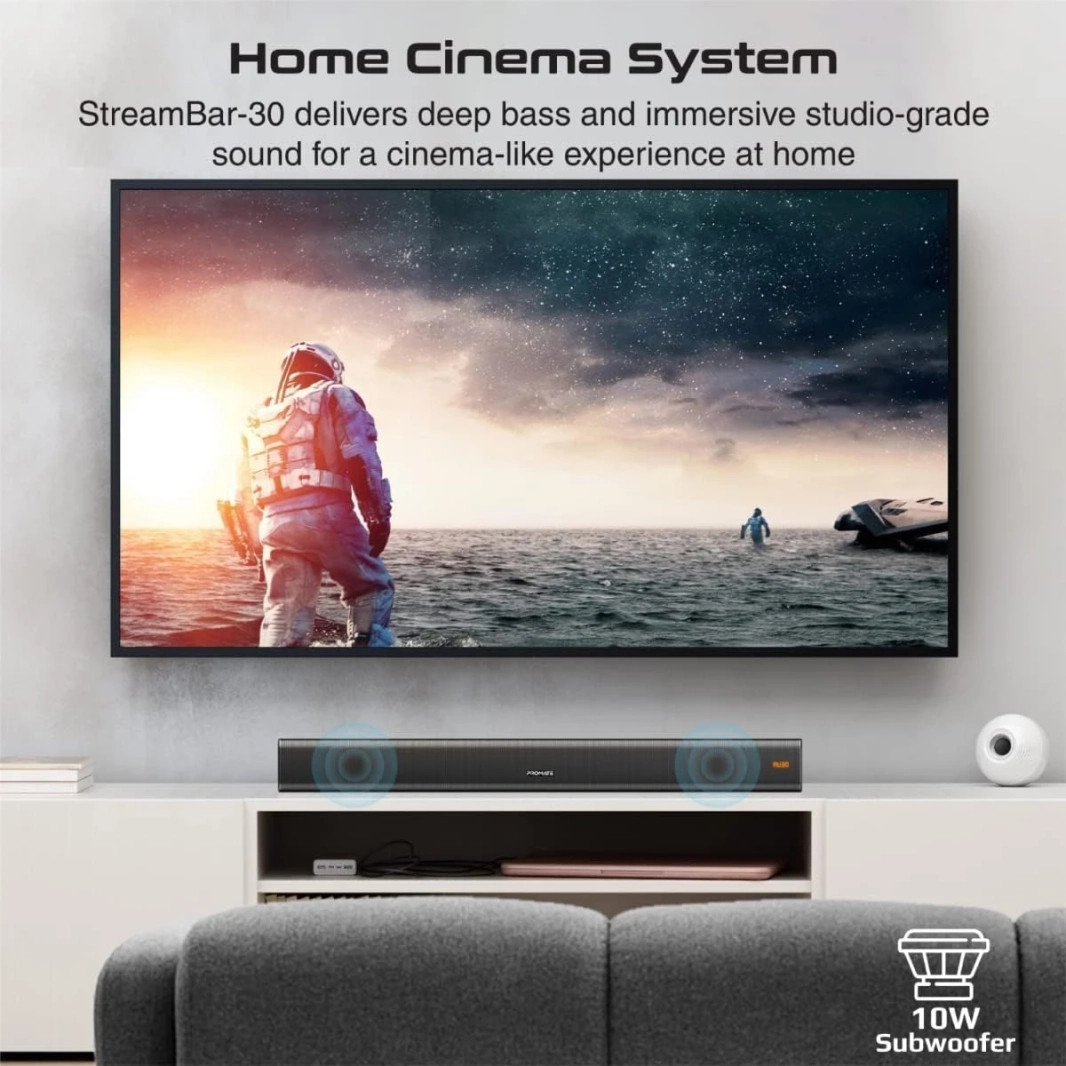 مكبر صوت بروميت StreamBar-30 بقوة 30 وات مع مضخم صوت متعدد النقاط بقوة 10 وات وجهاز تحكم عن بعد - أسود