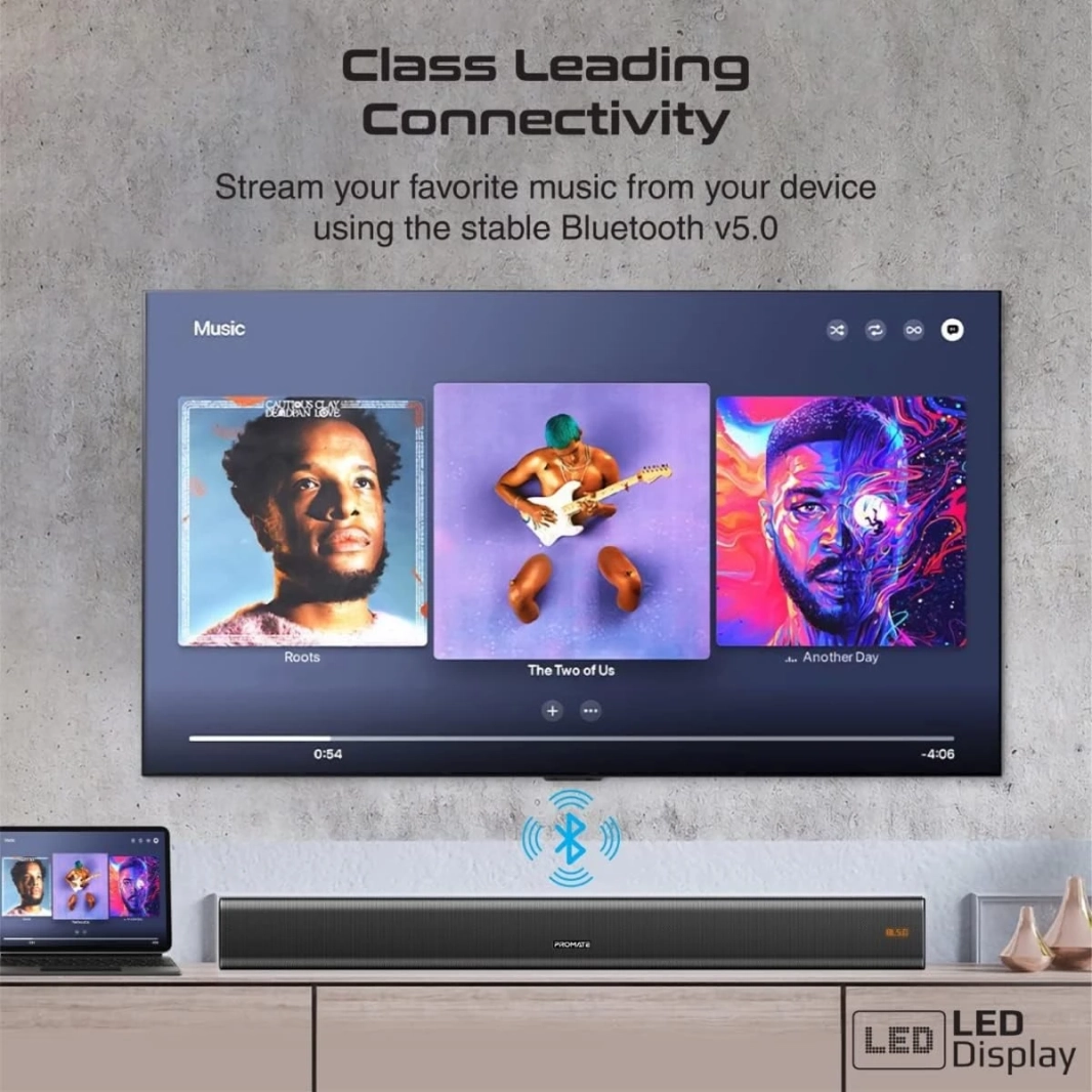 مكبر صوت بروميت StreamBar-30 بقوة 30 وات مع مضخم صوت متعدد النقاط بقوة 10 وات وجهاز تحكم عن بعد - أسود