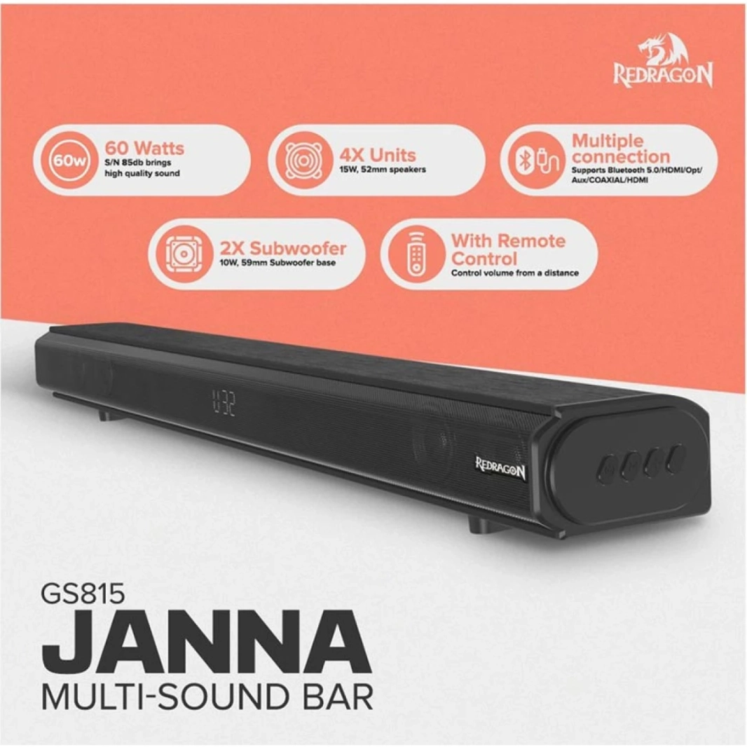 Redragon GS 815 Janna Multi Soundbar للألعاب / TV BT 5.0 / HDM / Opt / Aux / COAXIAL / HDMI نظام المسرح المنزلي