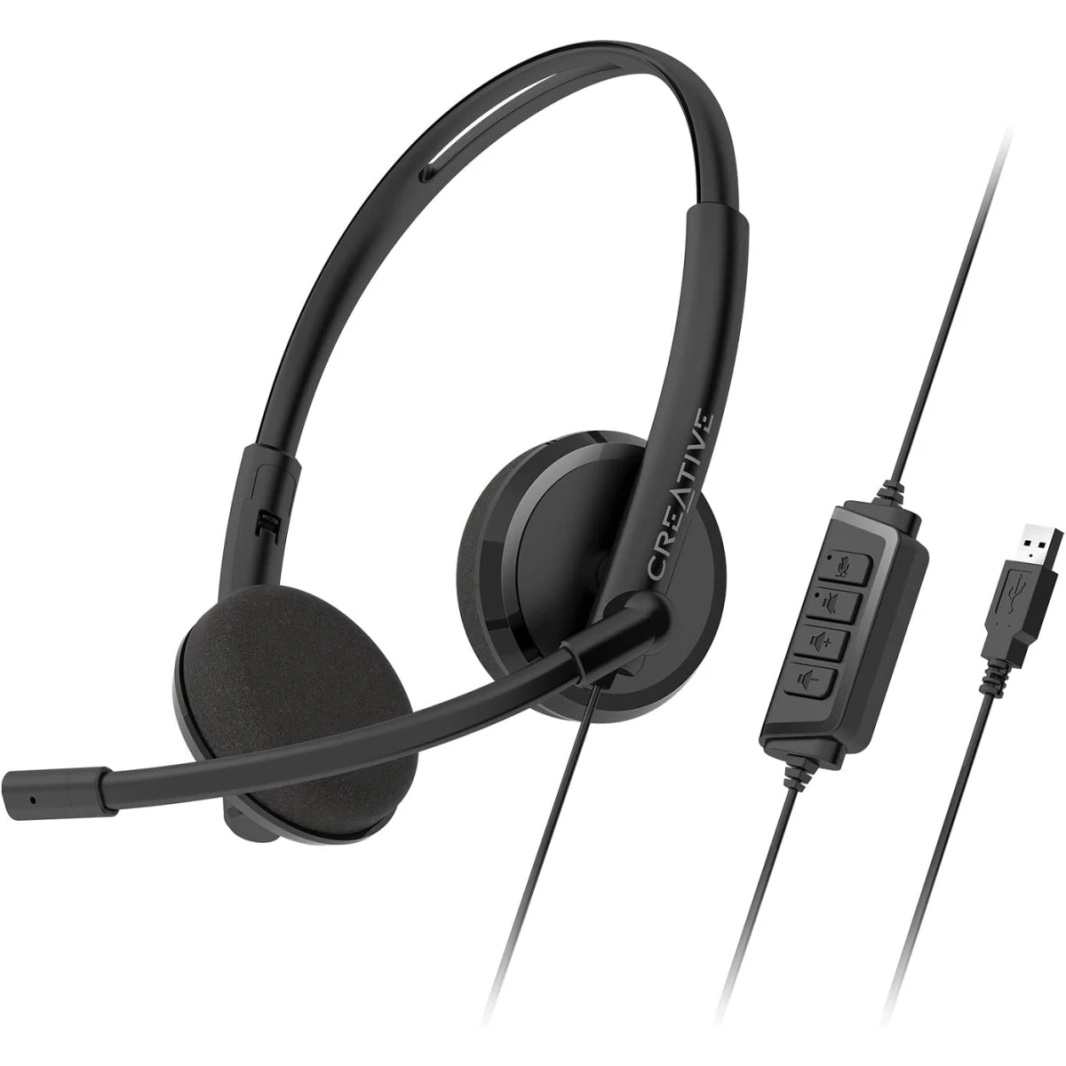 Creative HS-220 USB On-Ear Headset with Noise-Cancelling Condenser Boom Mic Inline Mic Mute/Volume Control For Video Calls