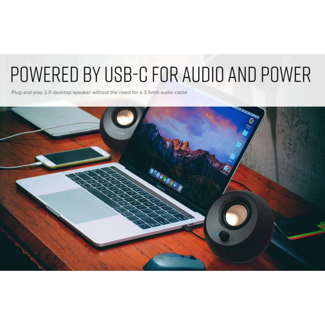 Creative Pebble V3 الحد الأدنى 2.0 USB-C Clear Dialog Enhancement Bluetooth 5.0 8W RMS /16W Peak Power USB-A مشمول-Black