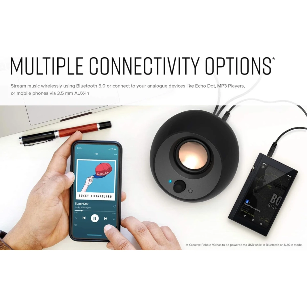 Creative Pebble V3 الحد الأدنى 2.0 USB-C Clear Dialog Enhancement Bluetooth 5.0 8W RMS /16W Peak Power USB-A مشمول-Black