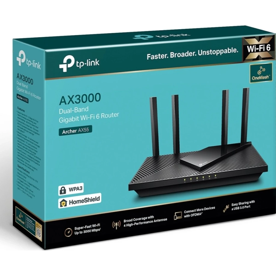 TP-Link Archer AX55 Wi-Fi 6 AX3000 Mbps Gigabit ثنائي النطاق OneMesh™ ثنائي النواة متوافق مع Alexa