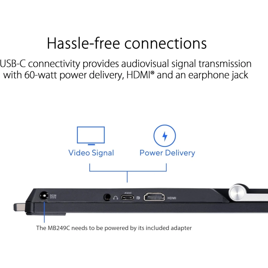 ASUS MB249C Zenscreen 24 "IPS Full HD Portable USB Type-C Multi-Stand Design (Kickstand ، C-Clamp Arm ، Partition Hook ، Carrying Handle) مع مكبرات الصوت