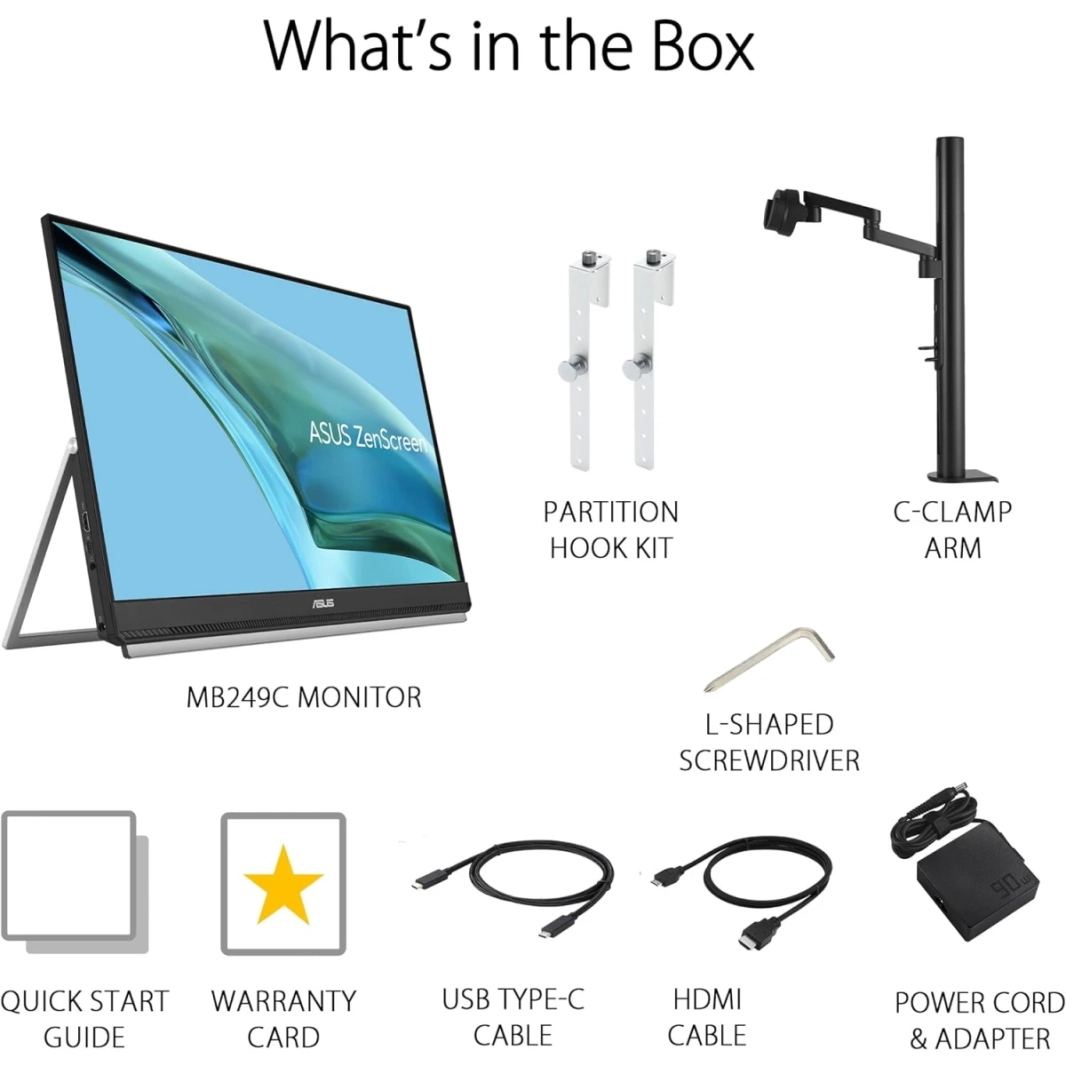 ASUS MB249C Zenscreen 24 "IPS Full HD Portable USB Type-C Multi-Stand Design (Kickstand ، C-Clamp Arm ، Partition Hook ، Carrying Handle) مع مكبرات الصوت