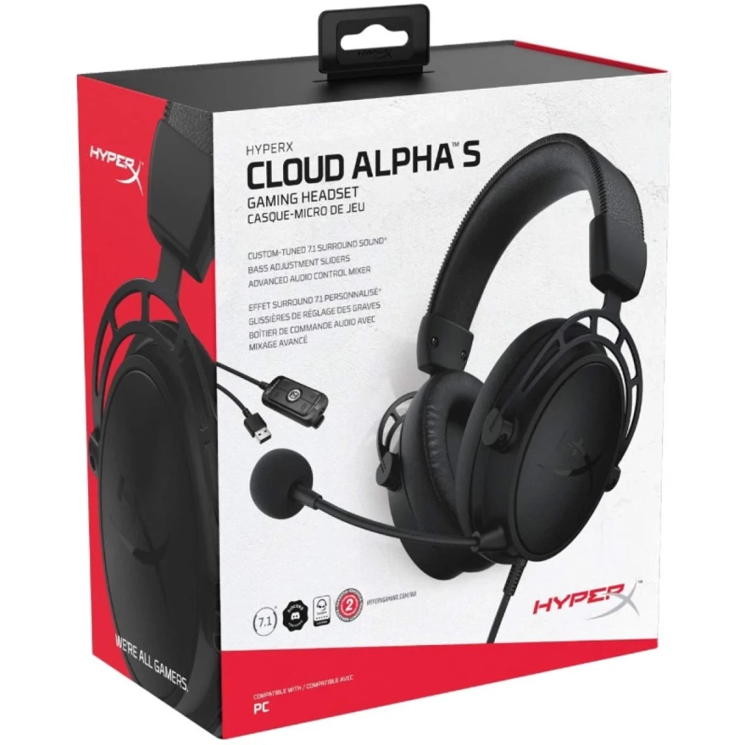 HP HyperX Cloud Alpha S 7.1 Surround Adjustable Bass Dual Chamber Noise Cancelling Mic - Blackout