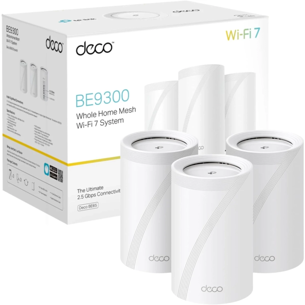 TP-Link Deco BE65 BE9300 للمنزل بالكامل ثلاثي الموجات واي فاي 7 سرعات شبكية تصل إلى 9214 ميجابت في الثانية، اتصال مدعوم بالذكاء الاصطناعي أكثر من 200 جهاز مثالي للألعاب