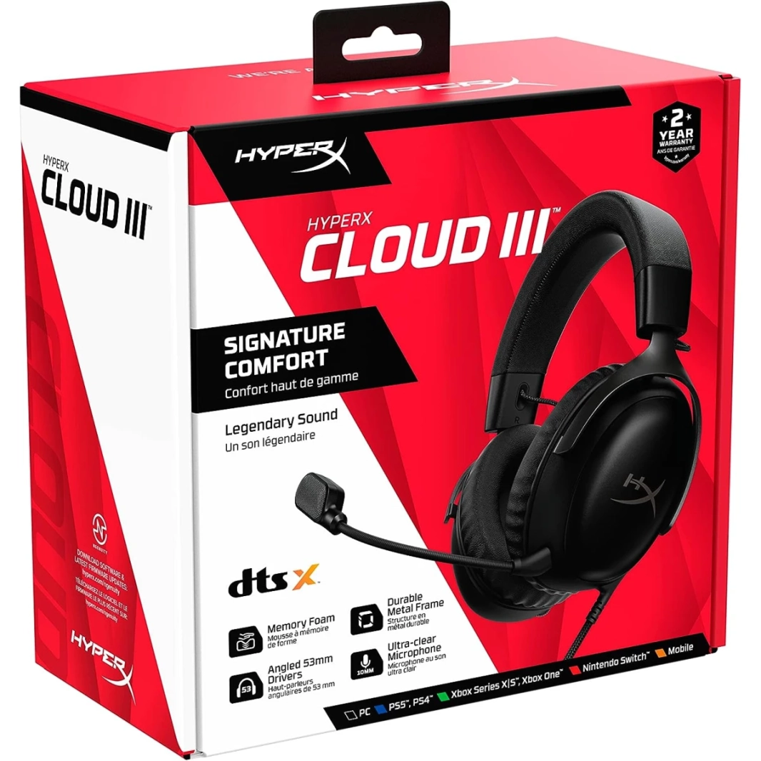 HyperX Cloud III Wired Angled 53mm Drivers DTS Memory Foam Durable Frame Ultra-Clear 10mm Mic USB-C & USB-A 3.5mm For PC, PS5, Xbox Series X|S - Black