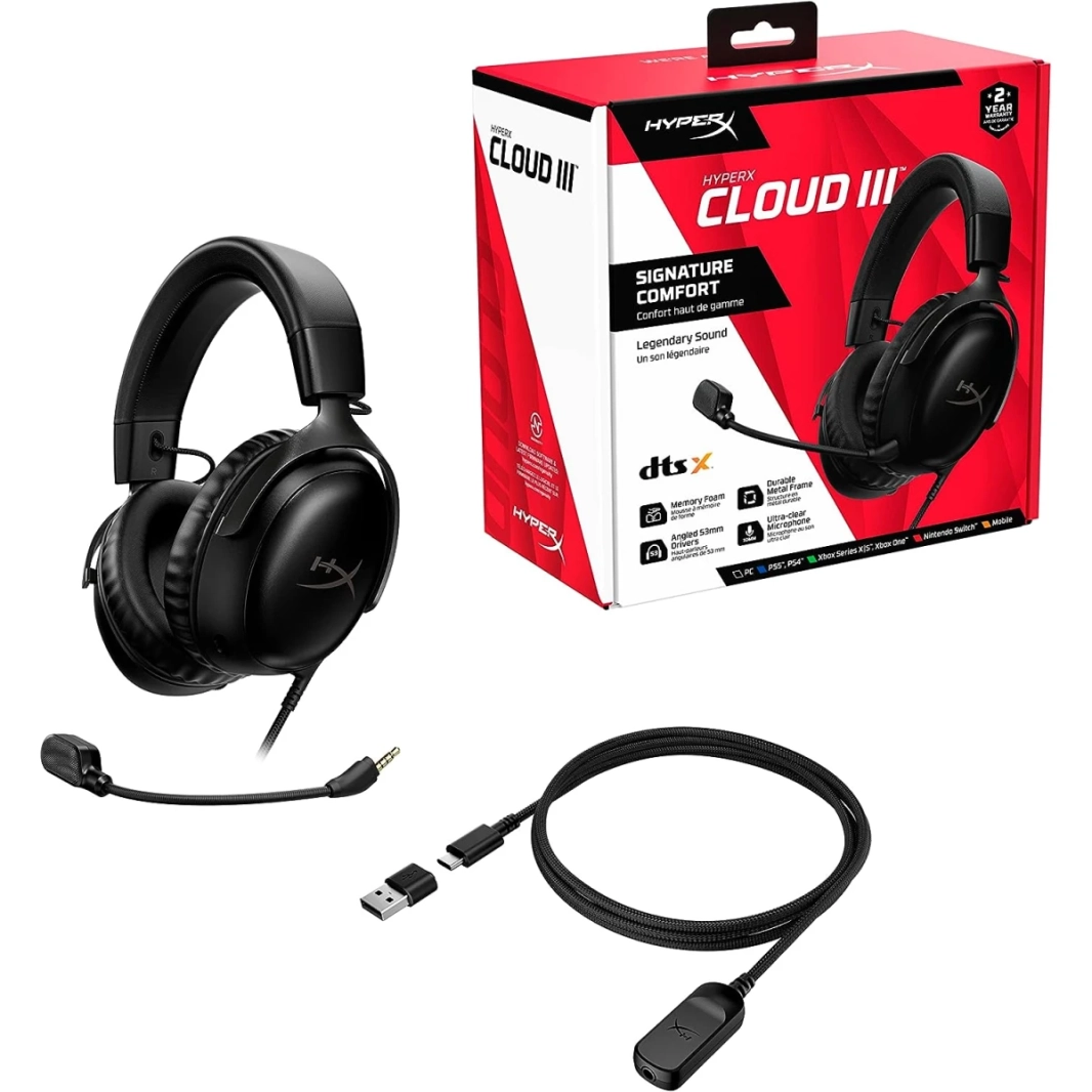 Hyperx Cloud III زاوية سلكية 53 ملم برامج تشغيل DTS Memory Foam Frame Frame Ultra Clear 10mm MIC USB-C و USB-A 3.5 مم للكمبيوتر الشخصي ، PS5 ، Series Xbox X | S-Black