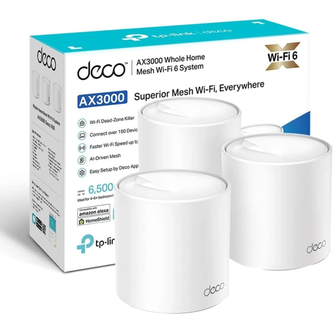 نظام TP-Link Deco X50 AX3000 للمنزل بالكامل، شبكة Wi-Fi 6، ثنائي النطاق مع تغطية منافذ جيجابت تصل إلى 6,500 قدم مربع، حتى 150 جهازًا، HomeShield Security (3 عبوات)