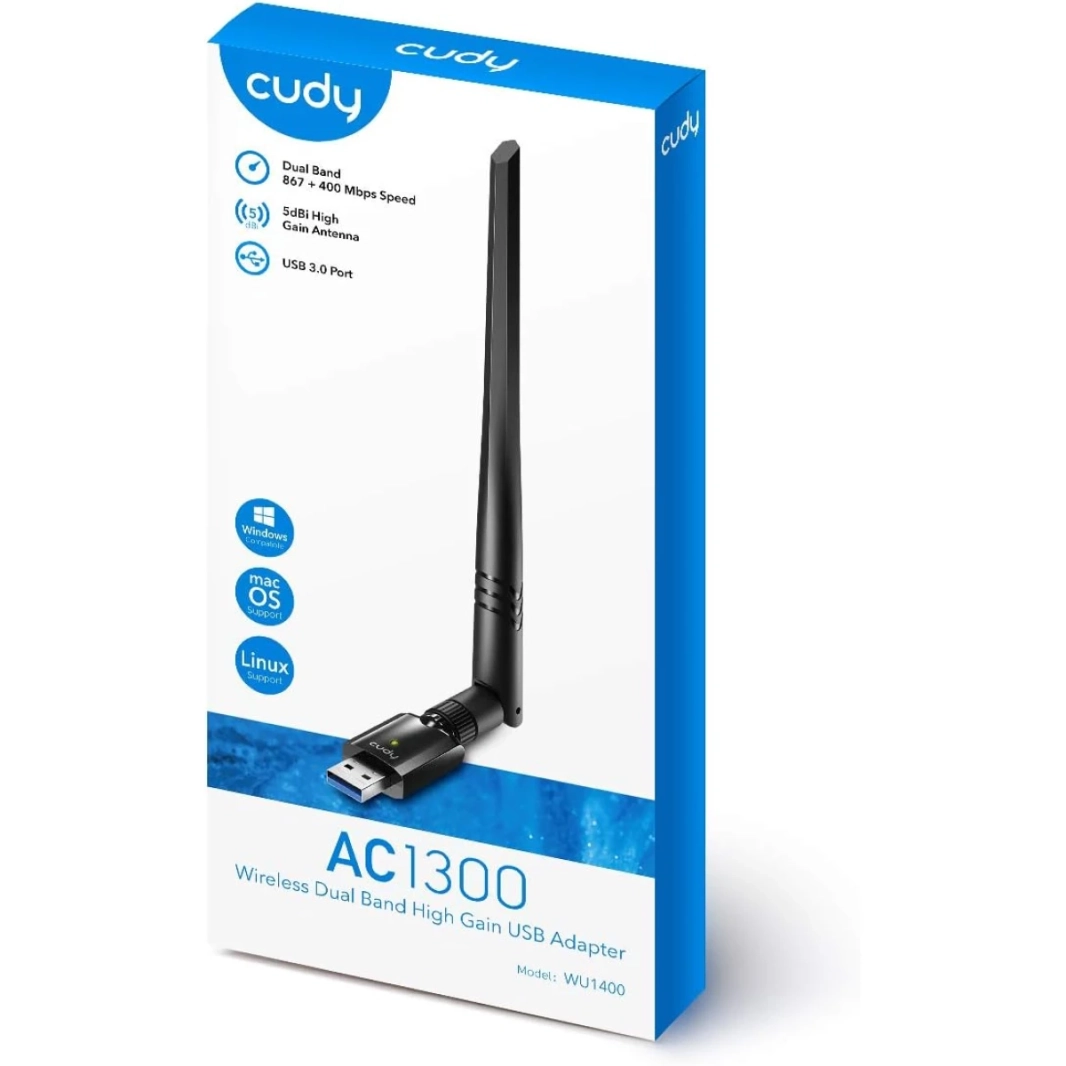 Cudy WU1400 AC1300 Mbps USB 3.0 ثنائي النطاق WiFi محول 400Mbps + 867Mbps 5Ghz و 2.4Ghz 5dBi هوائي عالي الكسب لنظام التشغيل Windows & Mac