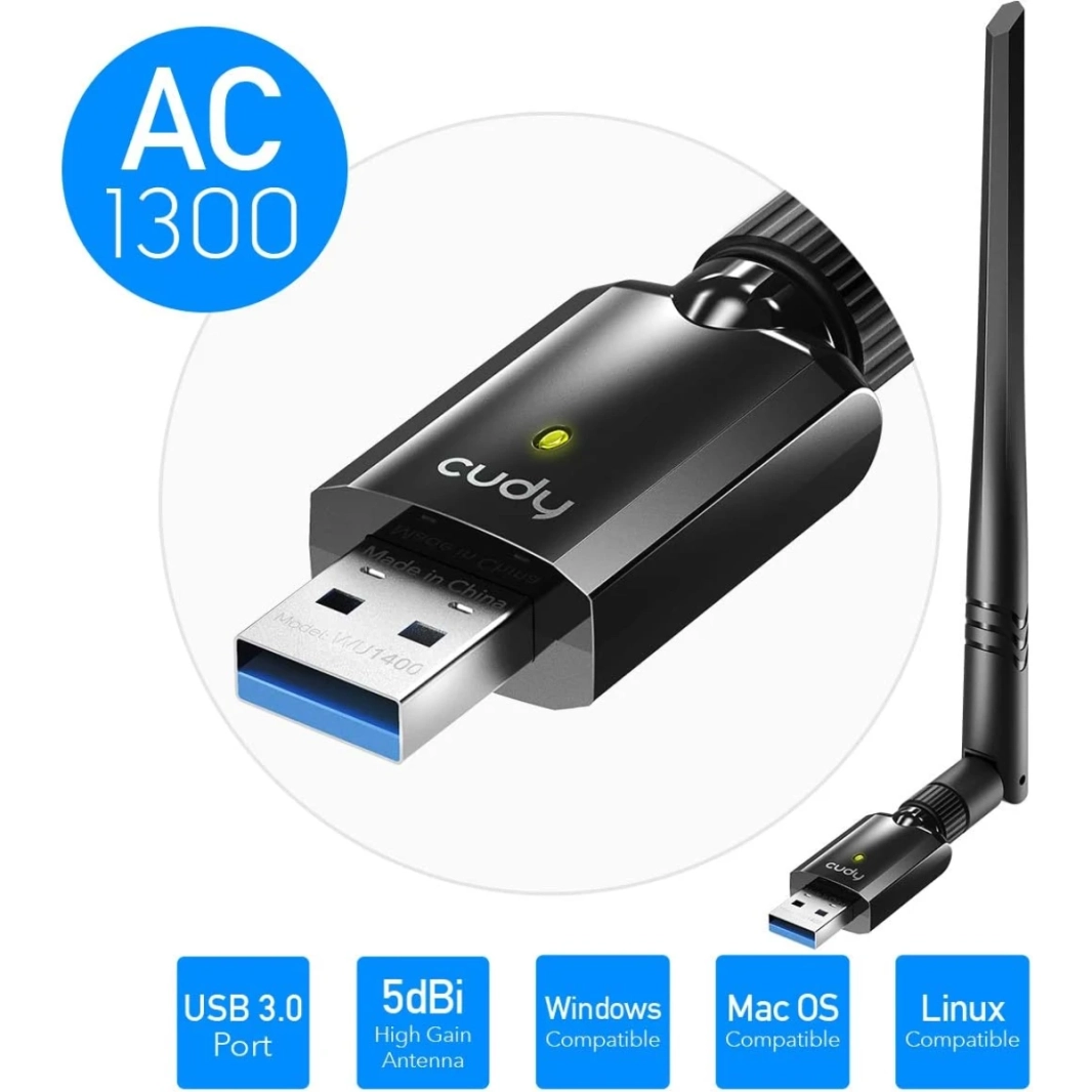 Cudy WU1400 AC1300 Mbps USB 3.0 ثنائي النطاق WiFi محول 400Mbps + 867Mbps 5Ghz و 2.4Ghz 5dBi هوائي عالي الكسب لنظام التشغيل Windows & Mac
