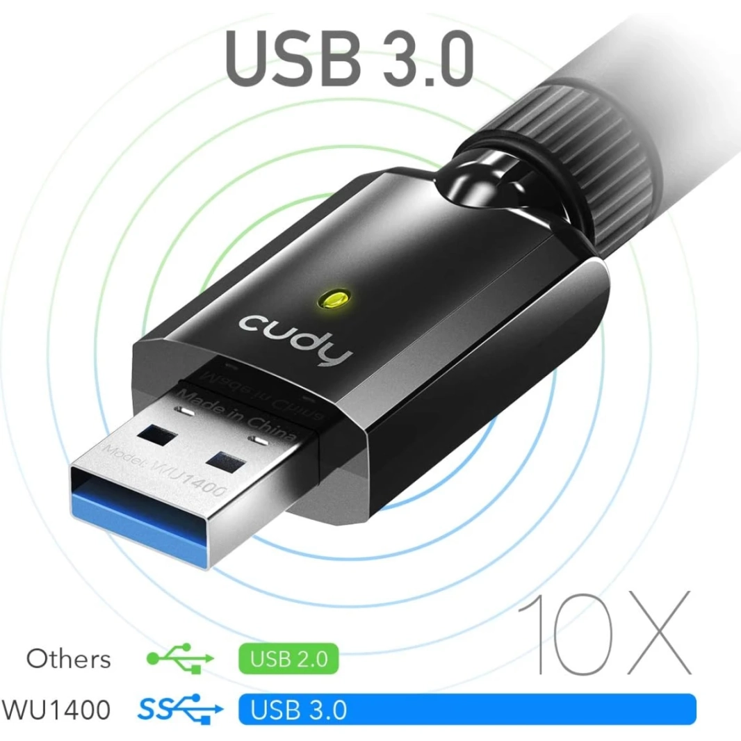 Cudy WU1400 AC1300 Mbps USB 3.0 ثنائي النطاق WiFi محول 400Mbps + 867Mbps 5Ghz و 2.4Ghz 5dBi هوائي عالي الكسب لنظام التشغيل Windows & Mac