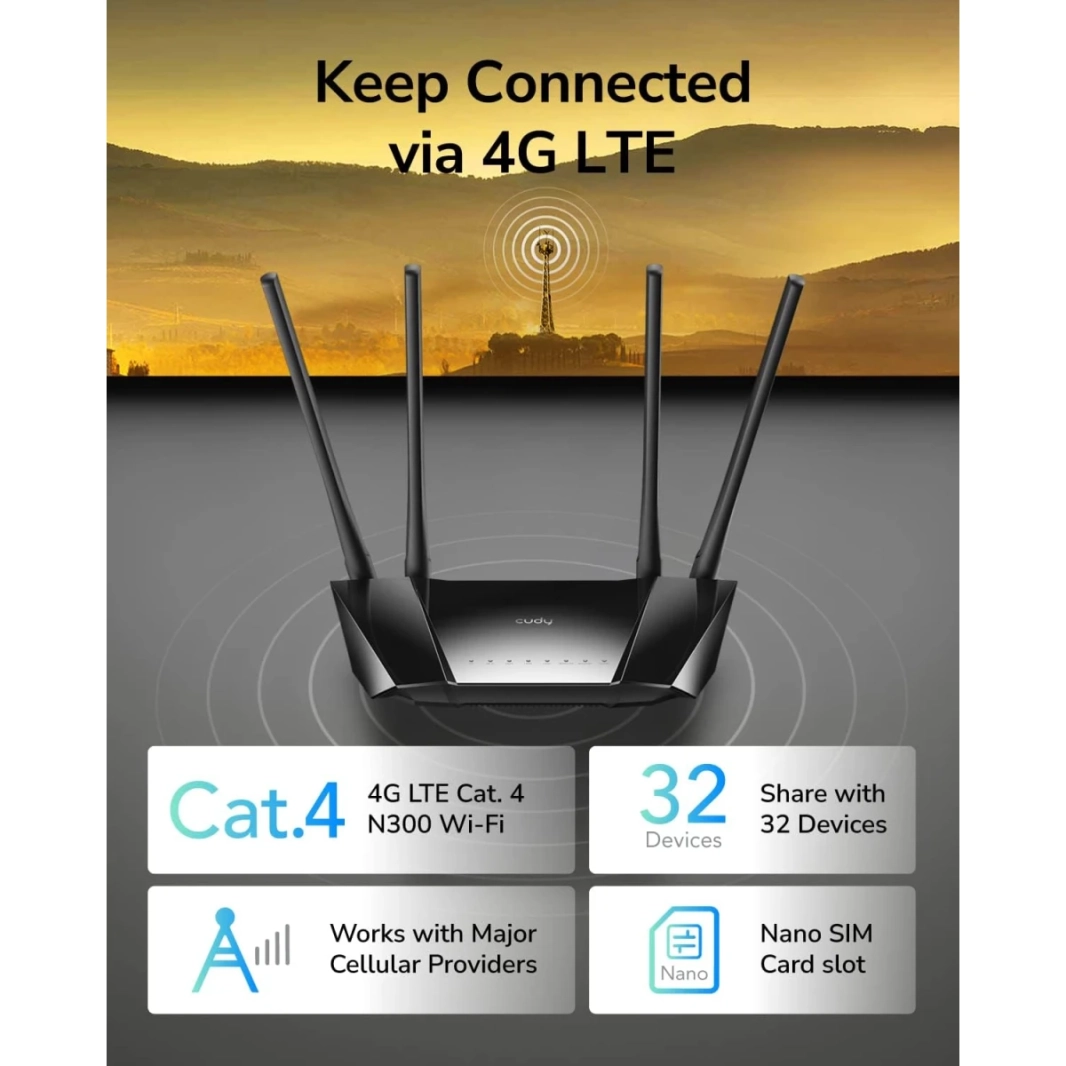 Cudy LT400 4G LTE N300 300 Mbps واي فاي راوتر فتحة بطاقة SIM لأي مشغل FDD و TDD ، DDNS ، PPTP / L2TP VPN