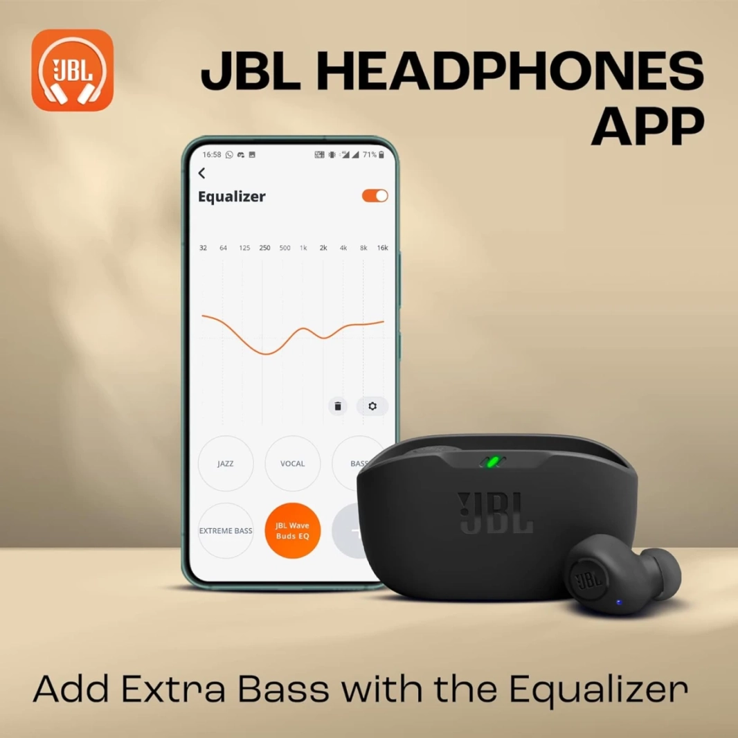 JBL Wave براعم حقيقية لاسلكيات لاسلكية باس عميقة مريحة ملائمة 32 ساعة بطارية ذكية خالية من اليدين ماء ومقاوم للأتربة - أسود