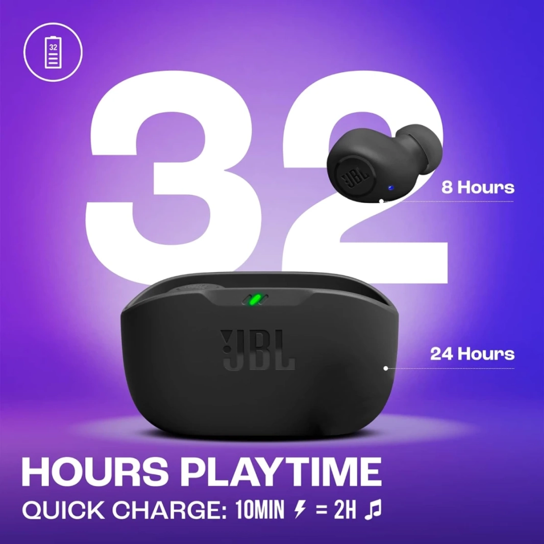 JBL Wave براعم حقيقية لاسلكيات لاسلكية باس عميقة مريحة ملائمة 32 ساعة بطارية ذكية خالية من اليدين ماء ومقاوم للأتربة - أسود