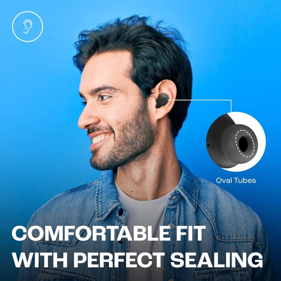 JBL Wave براعم حقيقية لاسلكيات لاسلكية باس عميقة مريحة ملائمة 32 ساعة بطارية ذكية خالية من اليدين ماء ومقاوم للأتربة - أسود
