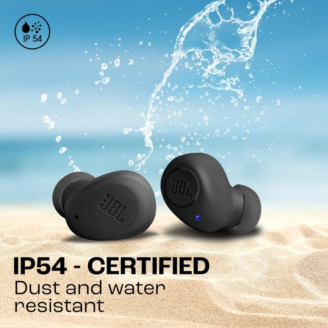 JBL Wave براعم حقيقية لاسلكيات لاسلكية باس عميقة مريحة ملائمة 32 ساعة بطارية ذكية خالية من اليدين ماء ومقاوم للأتربة - أسود