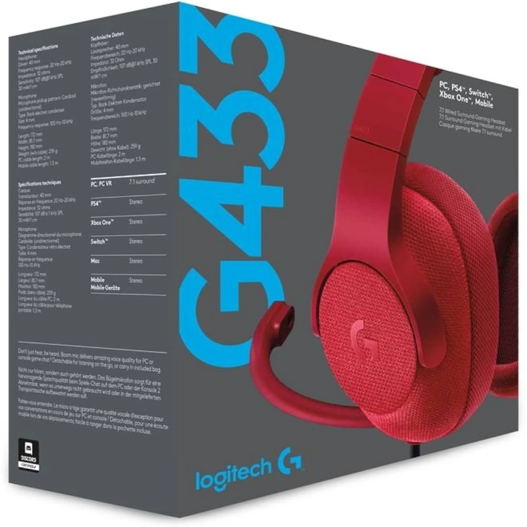 Logitech G433 Wired 7.1 Pround DTS Pro -G محولات USB خفيفة الوزن/3.5 مم للكمبيوتر الشخصي/Mac/Nintendo Switch/PS4/Xbox One - Red