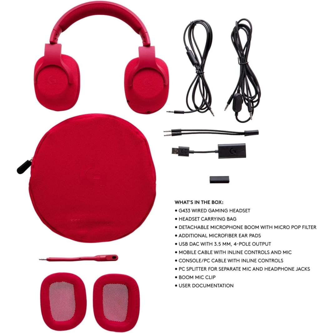 Logitech G433 Wired 7.1 Pround DTS Pro -G محولات USB خفيفة الوزن/3.5 مم للكمبيوتر الشخصي/Mac/Nintendo Switch/PS4/Xbox One - Red