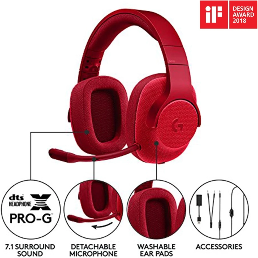 Logitech G433 Wired 7.1 Pround DTS Pro -G محولات USB خفيفة الوزن/3.5 مم للكمبيوتر الشخصي/Mac/Nintendo Switch/PS4/Xbox One - Red
