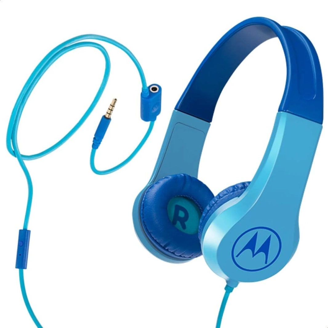 Motorola Squads 200 Kids Wired Headphones anti-Allergic Cushion Enhanced Bass In-Line Assistant Assistant متوافق مع Aux 3.5 ملم-الأزرق