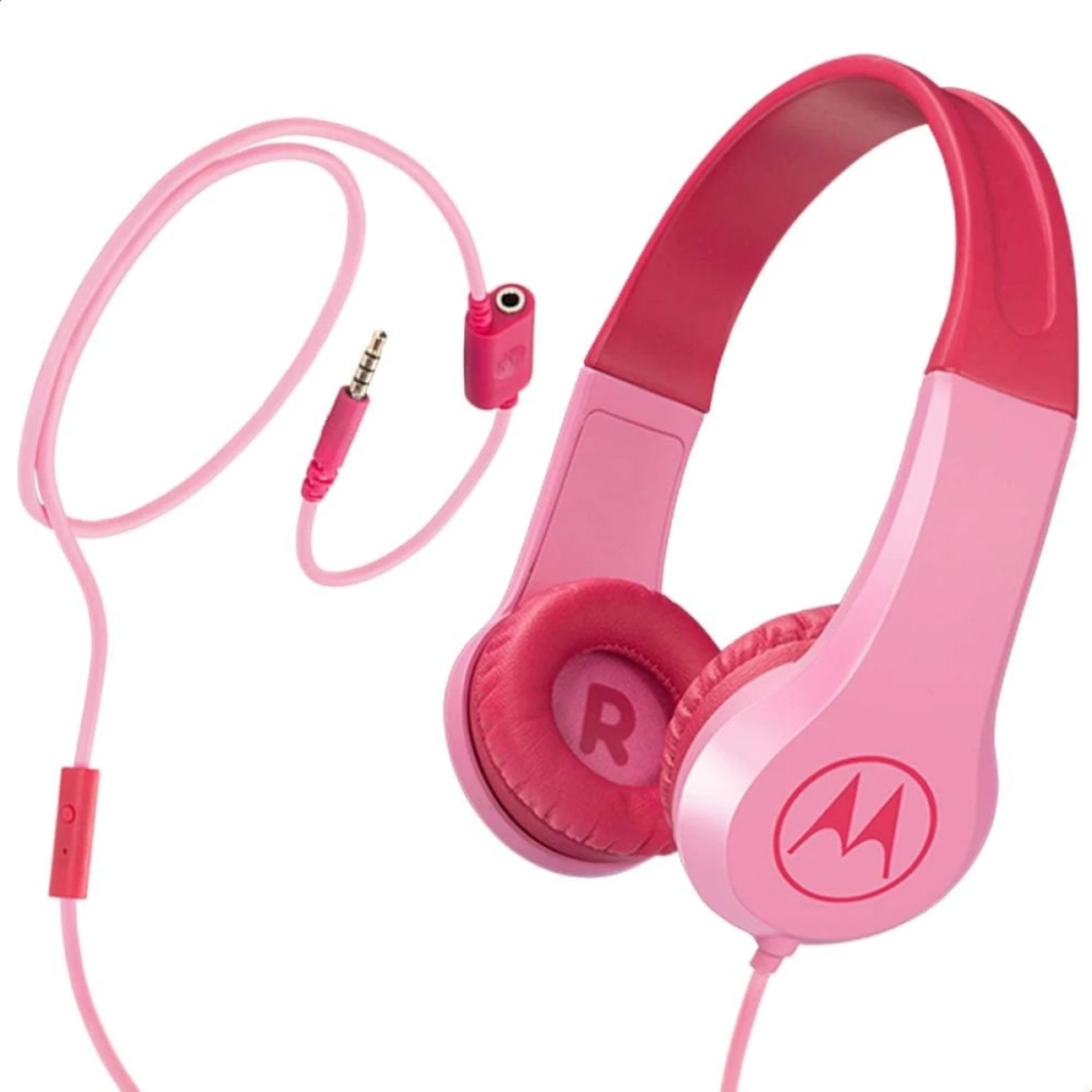 Motorola Squads 200 Kids Wired Headphones Anti-Allergic Cushion Enhanced Bass In-Line Mic & Voice Assistant Compatible with 3.5mm Aux - Pink