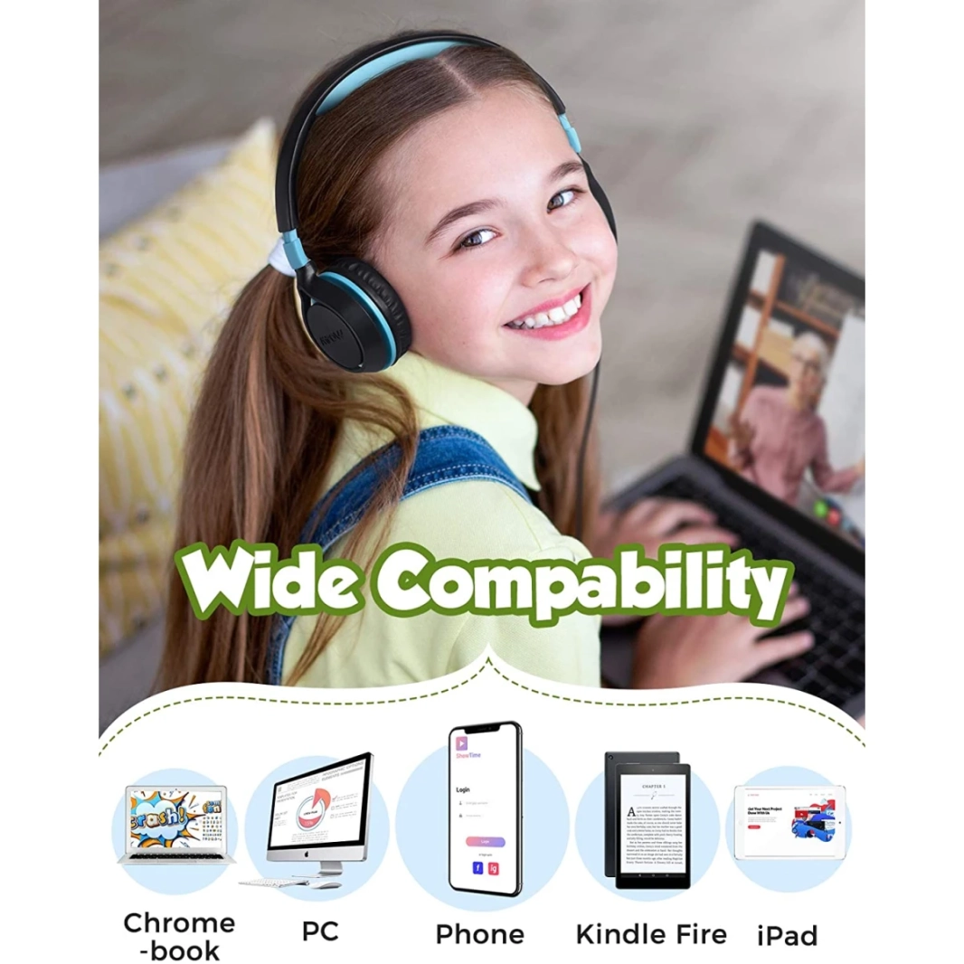 MPOW CHE1 Kids Wired for Kids LIME 94DB قابلة للطي للهواتف المحمولة والأجهزة اللوحية والكمبيوتر الشخصي - الأزرق