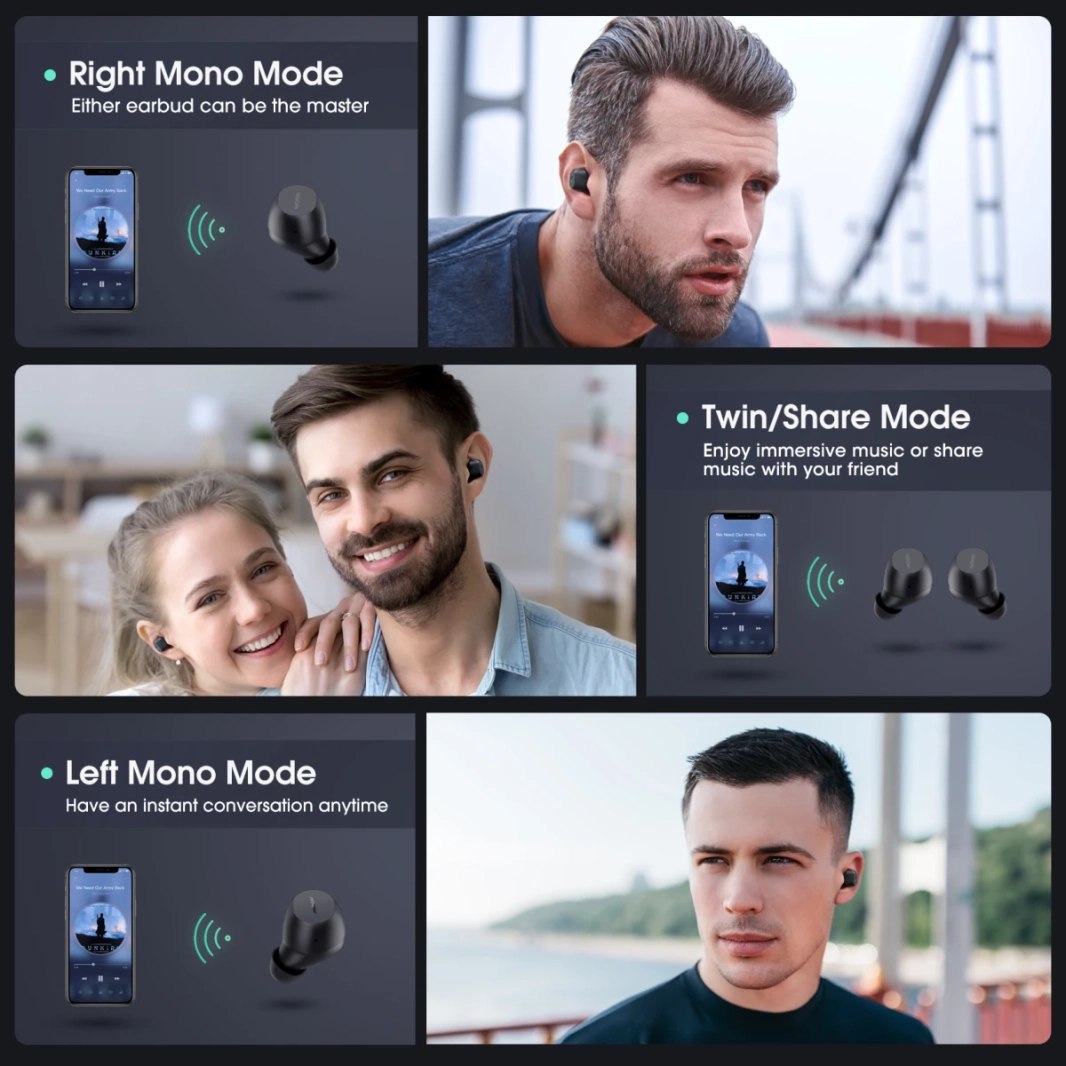 MPOW M12 أذن الوسائط اللاسلكية و USB-C الشحن مع ميكروفون مزدوج 25 ساعة ، أسود