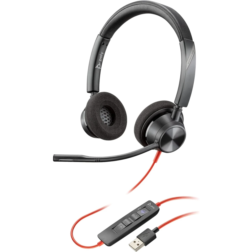 Poly Blackwire 3320 Wired Dual-Oar Boom MIC USB-A MIC لإلغاء الضوضاء لأجهزة الكمبيوتر الشخصية و MAC تعمل مع فرق (معتمدة)